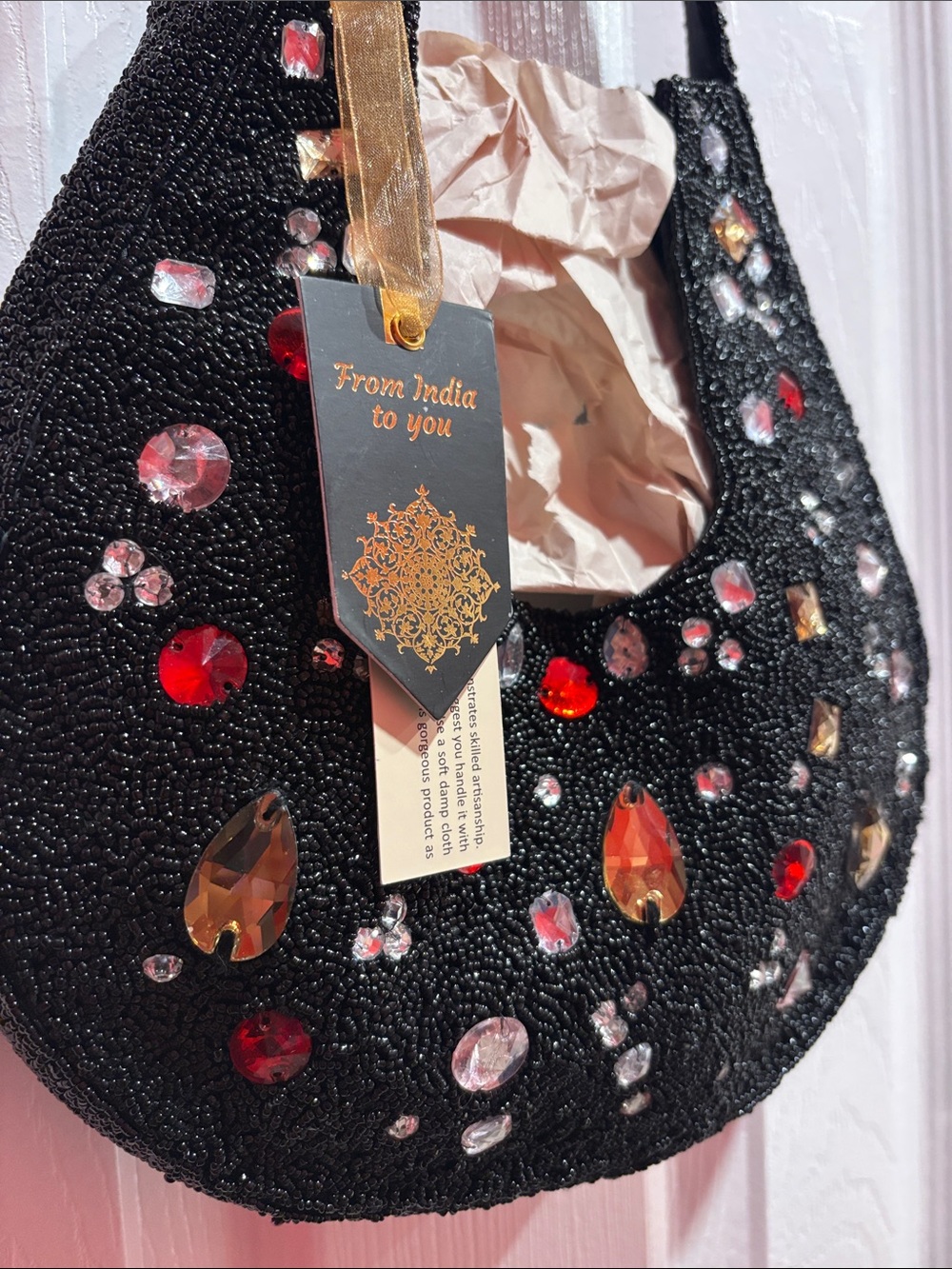 BNWT Made in India Embellished Black Beaded Shoulder Bag with Red & Clear Gems - Picture 2 of 8